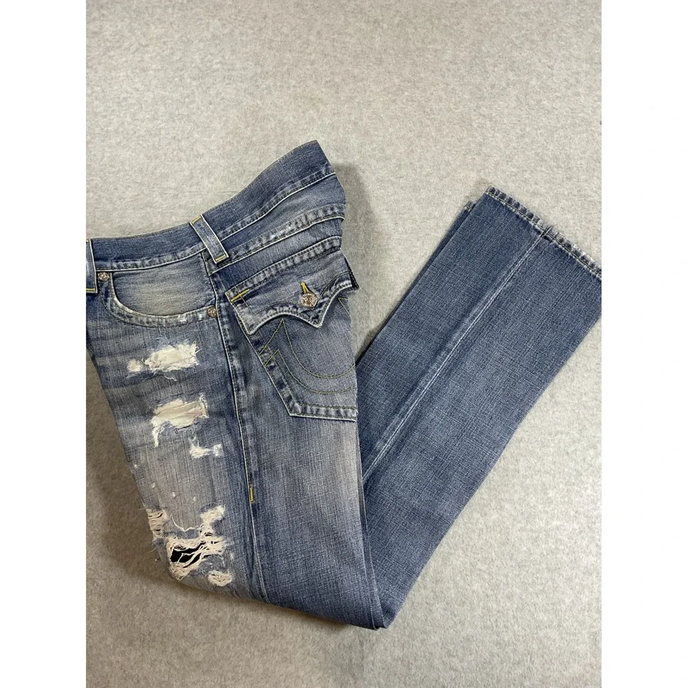 True Religion Mens Straight Distressed Ripped Blue Denim Jeans Size 29 P57